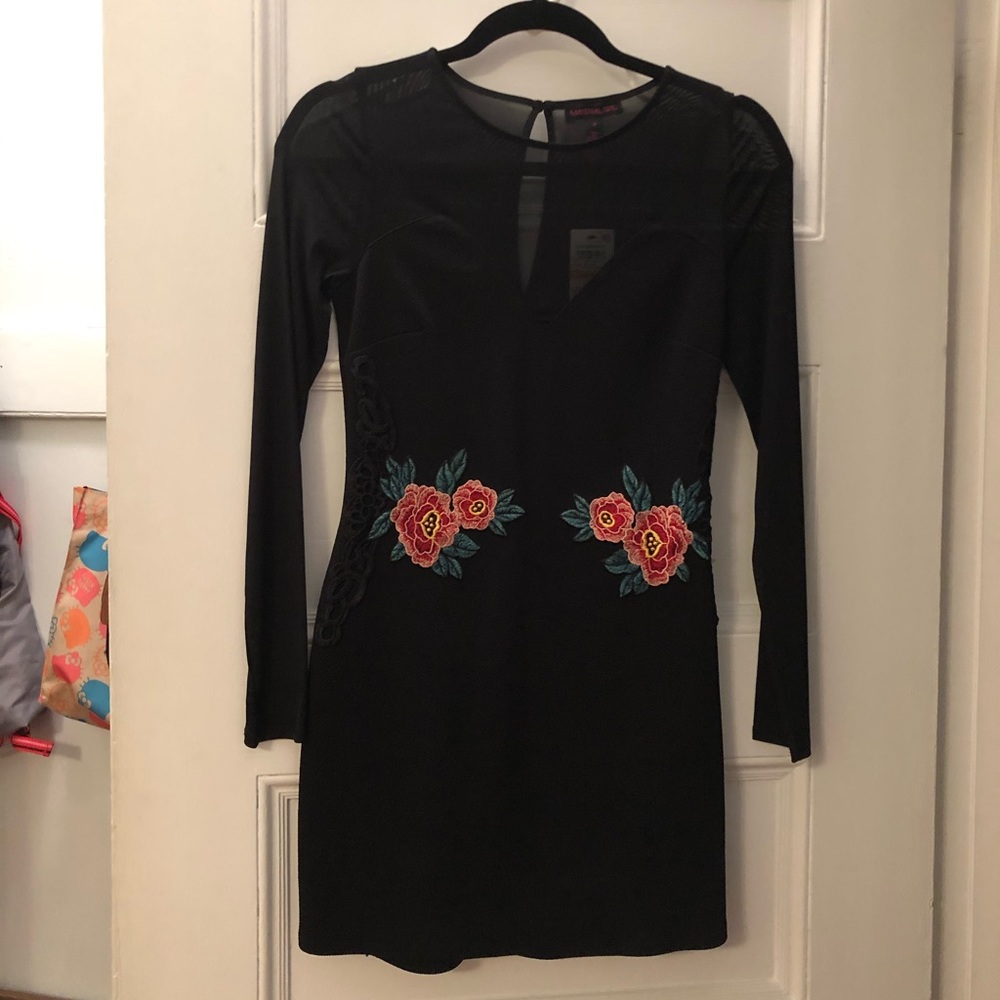 black homecoming mesh dress w/ embroidered flowers